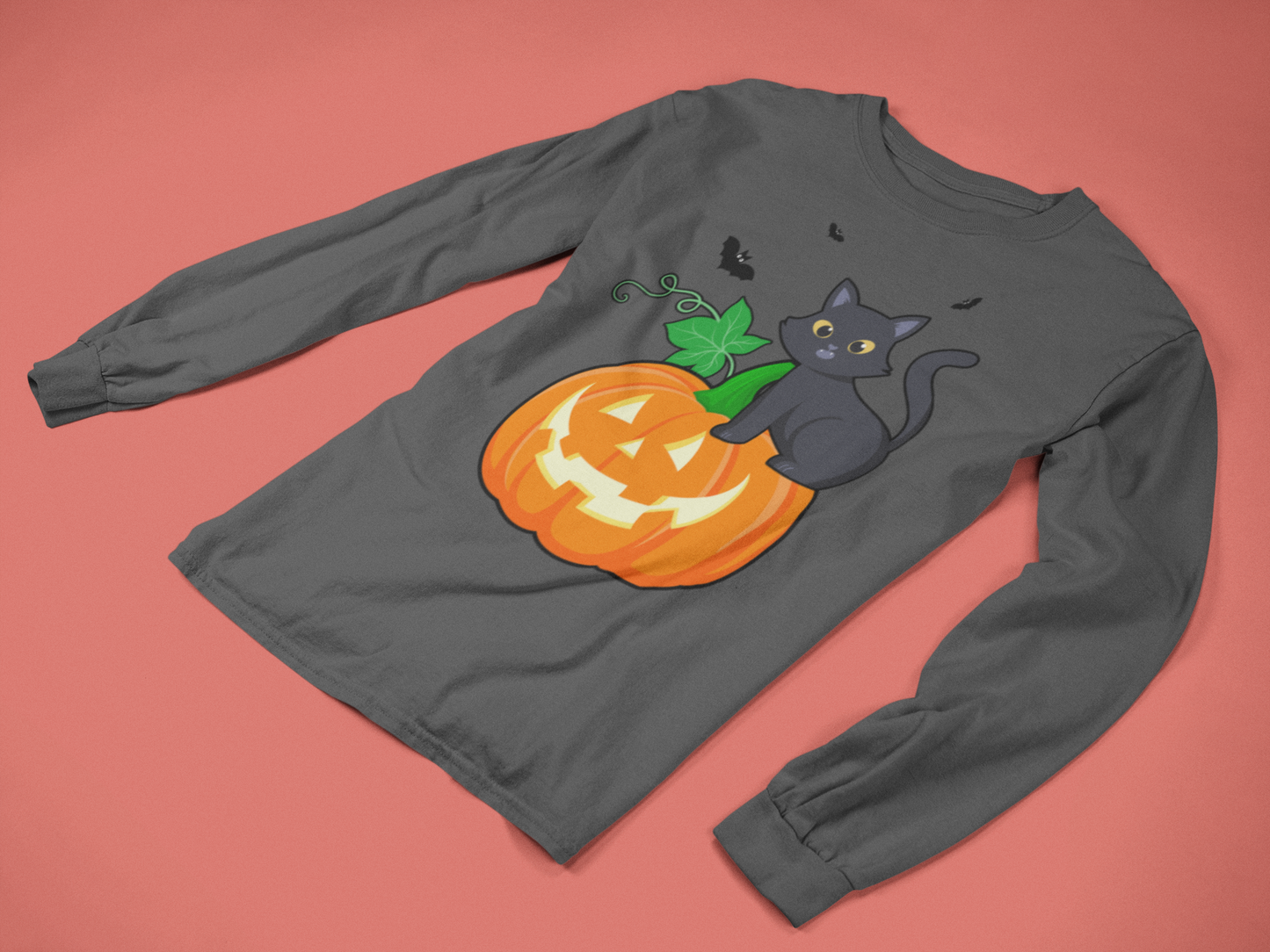 Cute Cat, Pumpkin & Bats Tee and Long Sleeve Tee