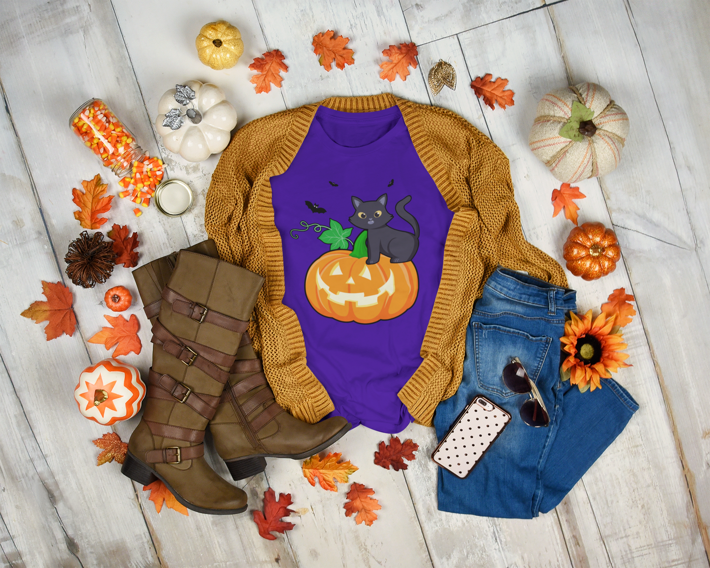 Cute Cat, Pumpkin & Bats Tee and Long Sleeve Tee