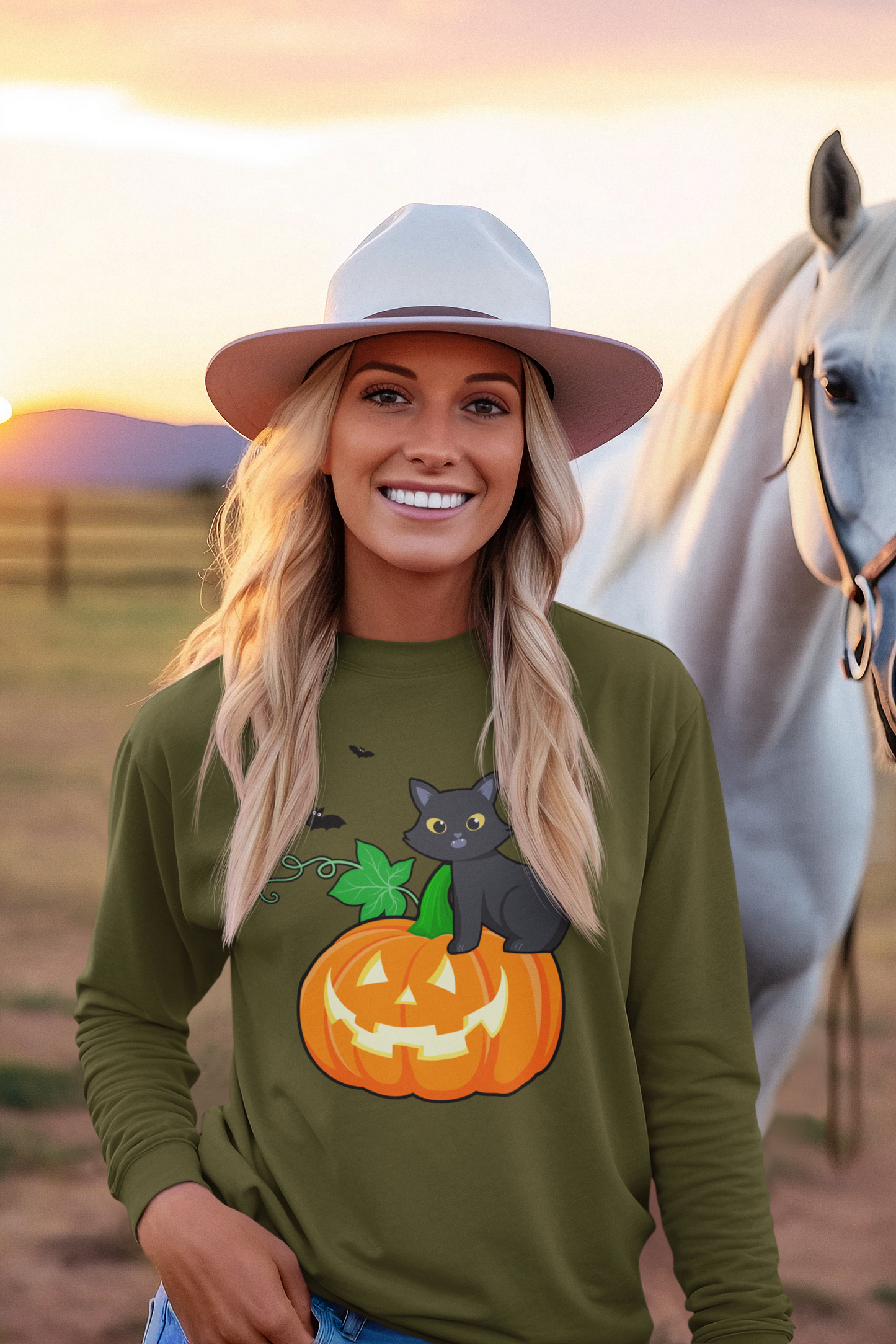 Cute Cat, Pumpkin & Bats Tee and Long Sleeve Tee